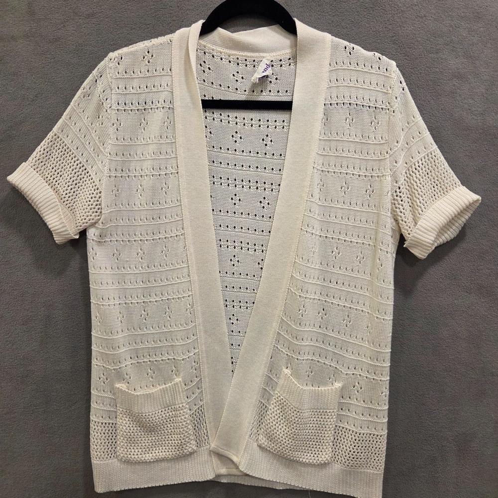 Grandoe Short Sleeve Open Front‎ Cream Cardigan Boho Coastal Cottage Pockets